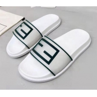 Classic Fendi FF Flat Slide Sandals White/Green 042268