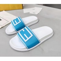 Fashion Fendi FF Flat Slide Sandals Blue/White 042269