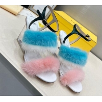 Pretty Style Fendi First High Heel Sandals 9cm in Mink Fur Pink/Blue 042273