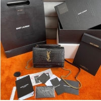 Promotional Yves Saint Laurent SUNSET SMALL CHAIN BAG IN CROCODILE EMBOSSED SHINY LEATHER Y533036A BLACK