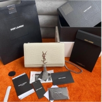 Top Quality Yves Saint Laurent KATE CHAIN WALLET WITH TASSEL IN CROCODILE-EMBOSSED SHINY LEATHER 452159B WHITE