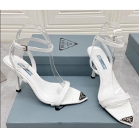 Sumptuous Prada Embossed Leather Sandals 9cm with Metal Logo White 042735