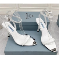 Classic Hot Prada Calfskin Sandals 9cm with Metal Logo White 042737