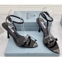 Low Cost Prada Calfskin Sandals 9cm with Metal Logo Black 042739