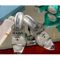 Feminine Prada TPU High Heel Mules 10cm with Crystal Studs Silver 042741