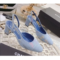 Best Grade Chanel Denim Print Slingbacks Pumps 6.5cm G31318 Light Blue 042158