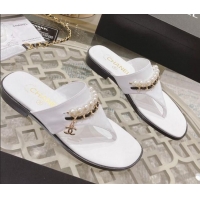 Discount Chanel Lambskin Pearl Chain Thong Slide Sandals White 042161