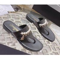 Best Price Chanel Lambskin Pearl Chain Thong Slide Sandals Black 042162