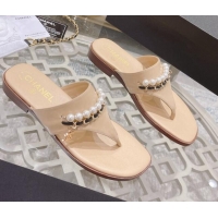 Fashion Chanel Lambskin Pearl Chain Thong Slide Sandals Apricot 042163