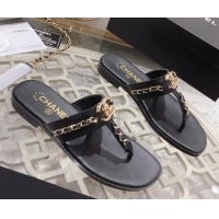 Sumptuous Chanel Lambskin CC Chain Thong Slide Sandals Black 042165