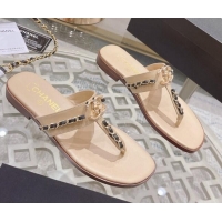 Classic Hot Chanel Lambskin CC Chain Thong Slide Sandals Apricot 042166