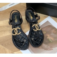 Discount Chanel Leather CC Charm Flat Thong Sandals Black 0421109