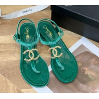 Fashion Chanel Leather CC Charm Flat Thong Sandals Green 0421112