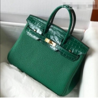 Luxurious Hermes Touch Birkin Bag 25cm in Crocodile Embossed Leather and Togo Calfskin H25 Green/Gold