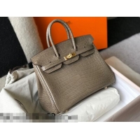 Shop Grade Hermes Birkin 25cm Bag in Crocodile Embossed Calf Leather H25 Grey/Gold