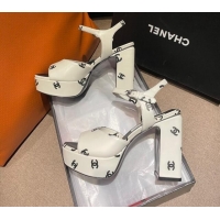 Durable Chanel CC Printed Lambskin Platform High Heel Sandals 10.5cm G38958 White