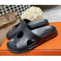 Good Quality Hermes Edith Leather Flat Slide Sandals Black 0422122