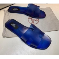 Sumptuous Hermes PVC Classic Flat Slide Sandals Royal Blue 0422123