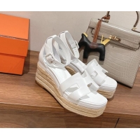 Top Grade Hermes Elda Calfskin Platform Wedge Sandals 8.5cm White 051117