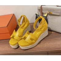 Grade Style Hermes Elda Calfskin Platform Wedge Sandals 8.5cm Yellow 051119