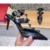 Feminine Valentino Roman Stud Ankle Strap Sandals 8cm Black 2051127