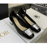 Low Price Dior La Parisienne Black Patent Leather Pumps with Silver Plate and Ankle Strap 3.5cm 050568