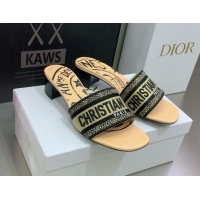 Best Price Dior Dway Heeled Slide Sandals in Embroidered Cotton Yellow/Beige 052068