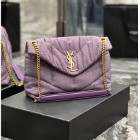 Top Grade SAINT LAURENT PUFFER SMALL CHAIN BAG IN DENIM AND SMOOTH LEATHER 577476 BLEACHED LILAC