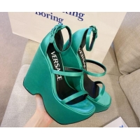 Shop Duplicate Versace Triplatform Silk Wedge Platform Strap Sandals 16cm Aqua Green 052550