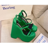 Good Quality Versace Triplatform Silk Wedge Platform Strap Sandals 16cm Bright Green 052553