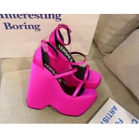 Shop Cheap Versace Triplatform Silk Wedge Platform Strap Sandals 16cm Fuchsia Pink 052554