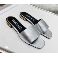 Low Price Versace Calfskin Slide Sandals with Logo Heel Silver 052588