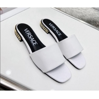 Luxurious Versace Calfskin Slide Sandals with Logo Heel White 052589