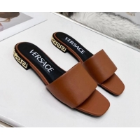 Unique Style Versace Calfskin Slide Sandals with Logo Heel Brown 052590