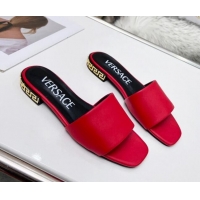 Perfect Style Versace Calfskin Slide Sandals with Logo Heel Red 052592