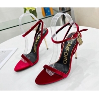 Luxury Tom Ford Velvet Padlock Pointy Naked Sandals 105mm Heel Deep Red 0402060