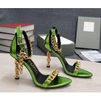 Classic Hot Tom Ford Mirror Leather Chain Heel Ankle Strap Sandals 105mm Heel Green 0420061