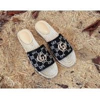 Top Quality Gucci Jacquard Denim Espadrille Slide Sandals Black 052320