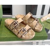 Good Taste Gucci GG Canvas Buckle Flat Slide Sandals Beige/Brown 052322