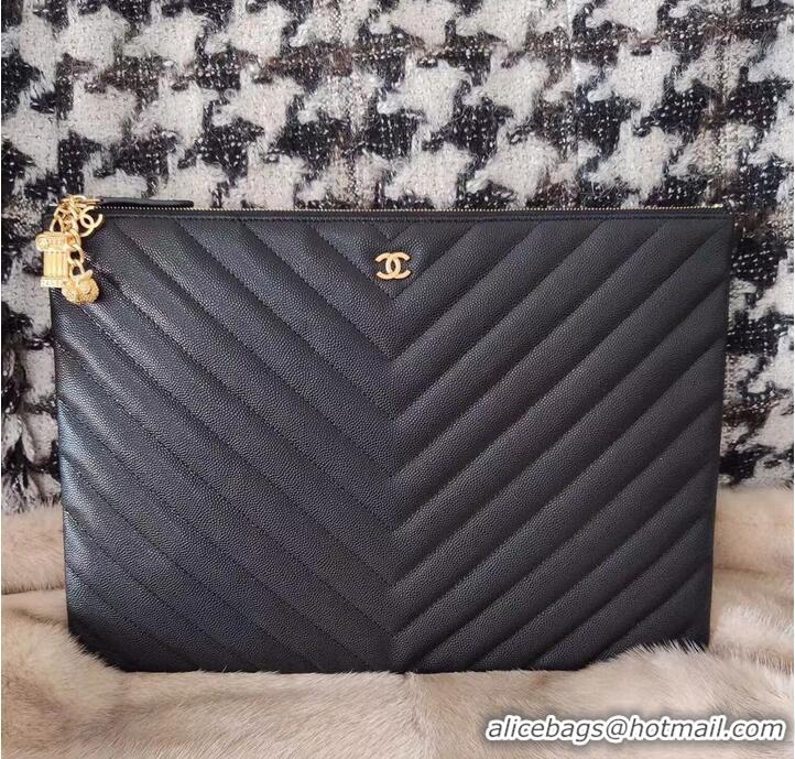 Traditional Specials Chanel Clutch Bag Black Caviar Leather 7012 Gold