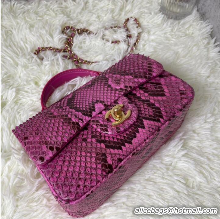 Famous Brand Chanel Snake skin mini flap bag with top handle AS2431 Fuchsia