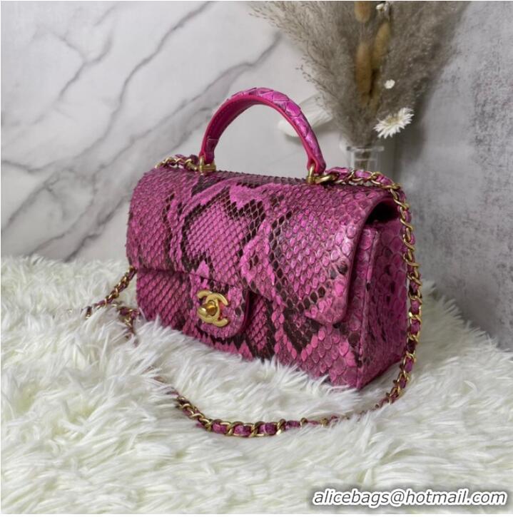 Famous Brand Chanel Snake skin mini flap bag with top handle AS2431 Fuchsia