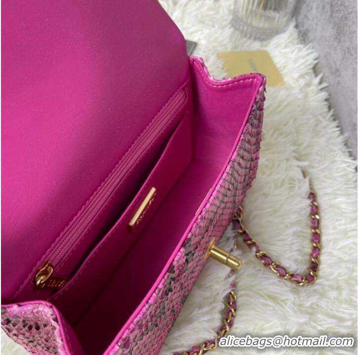 Famous Brand Chanel Snake skin mini flap bag with top handle AS2431 Fuchsia