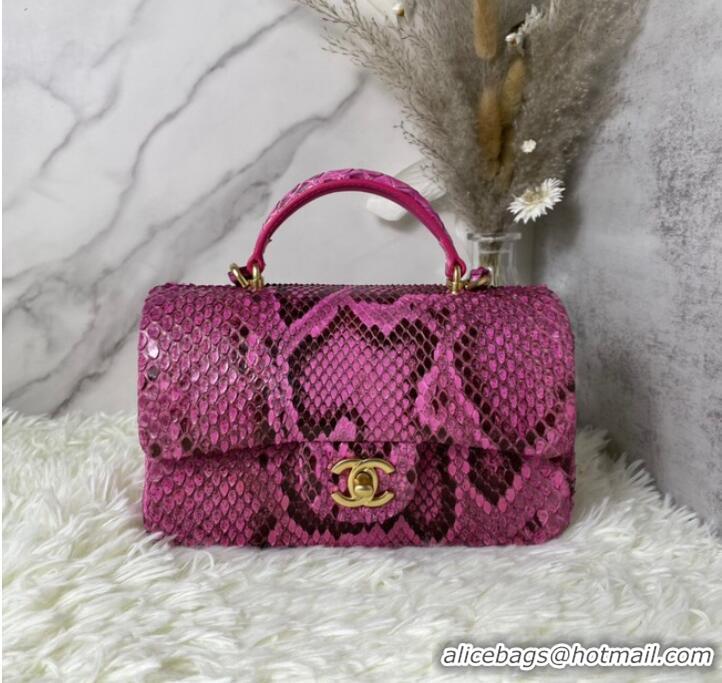 Famous Brand Chanel Snake skin mini flap bag with top handle AS2431 Fuchsia