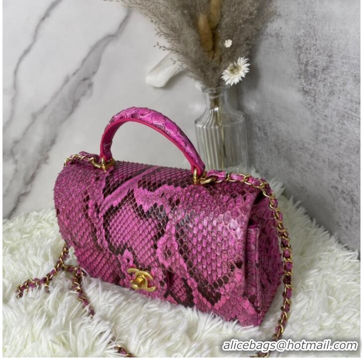 Famous Brand Chanel Snake skin mini flap bag with top handle AS2431 Fuchsia