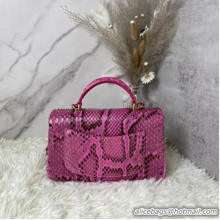 Famous Brand Chanel Snake skin mini flap bag with top handle AS2431 Fuchsia