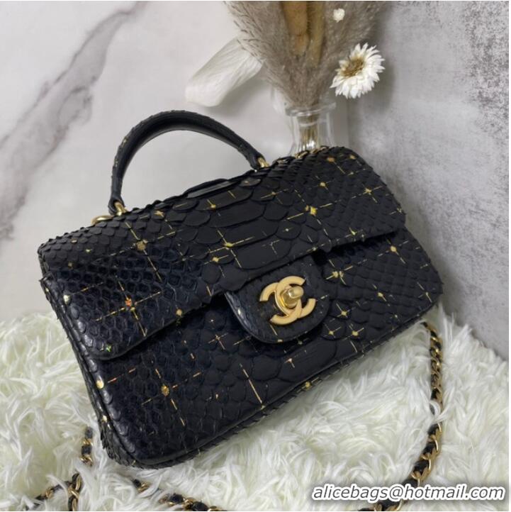 Shop Grade Chanel Snake skin mini flap bag with top handle AS2431 black