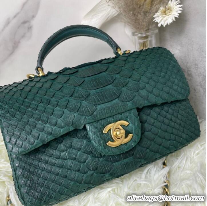 Buy Fashionable Chanel Snake skin mini flap bag with top handle AS2431 blackish green