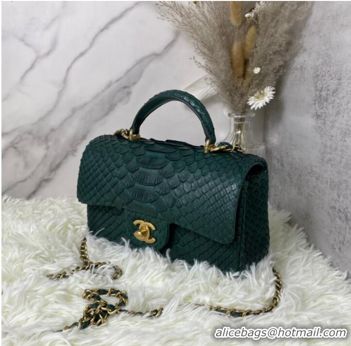 Buy Fashionable Chanel Snake skin mini flap bag with top handle AS2431 blackish green