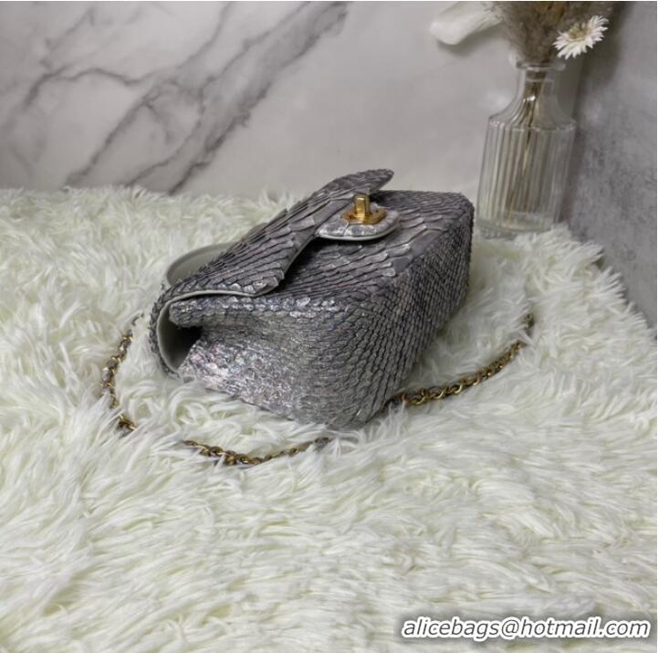 Spot Bulk Chanel Snake skin mini flap bag with top handle AS2431 silver